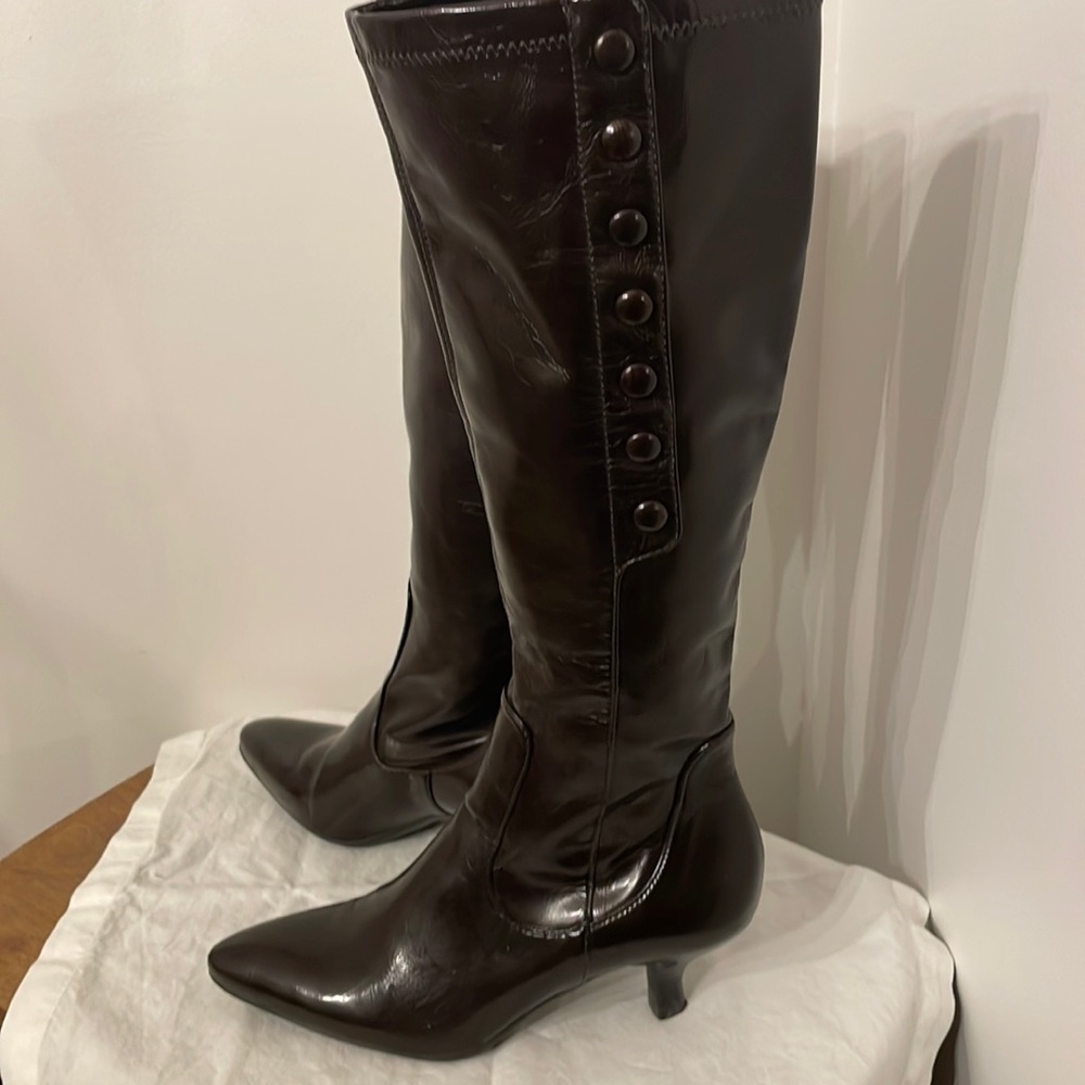 Vintage Franco Sarto Knee High Brown Stretch Calf Kitten Heel Boots Brazil made